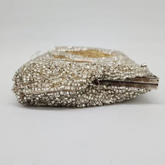Vintage 1950's Silver Pearl Diamond Pattern Hand Beaded Evening Purse Clutch - Picture 11 of 12